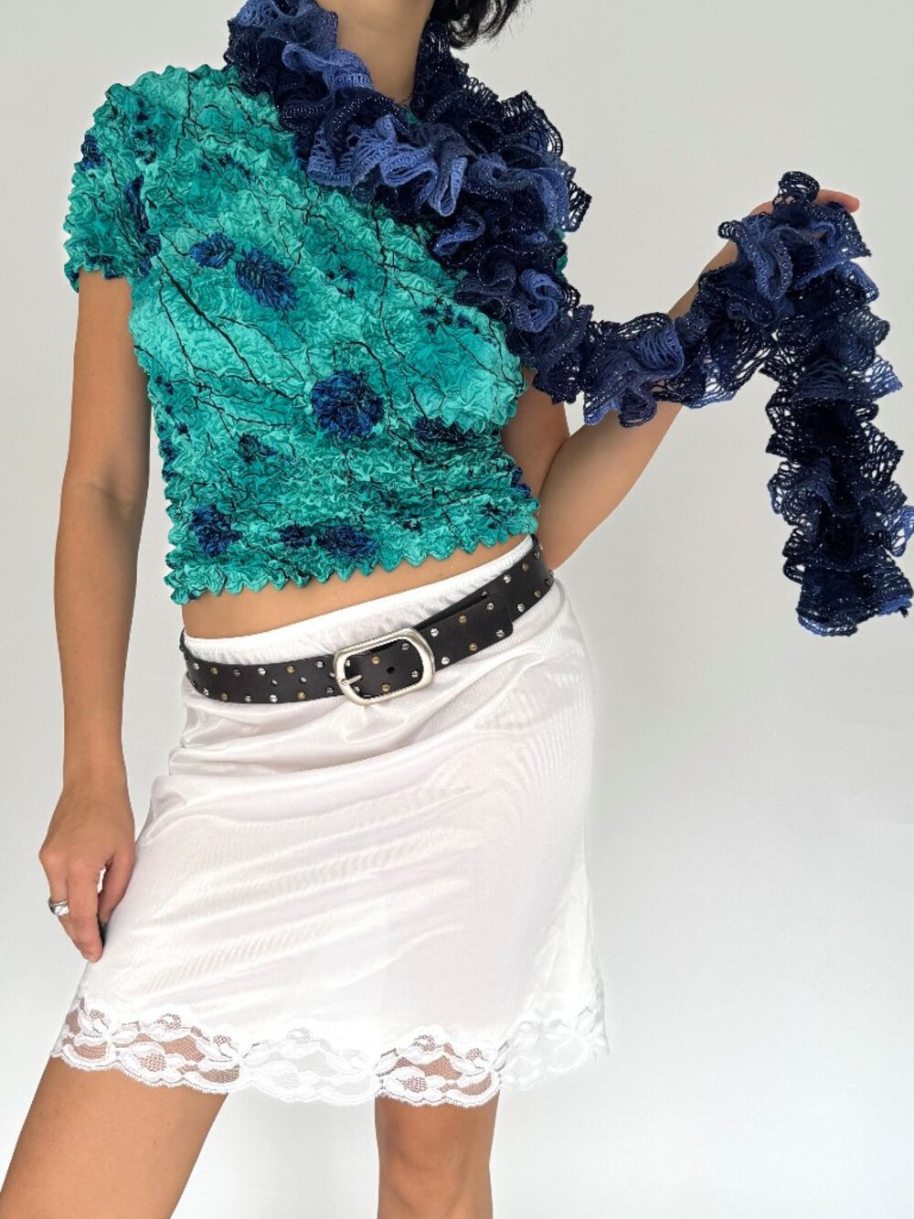 Vintage blue ruffled frilly crochet hand knitted whimsical fairy long scarf